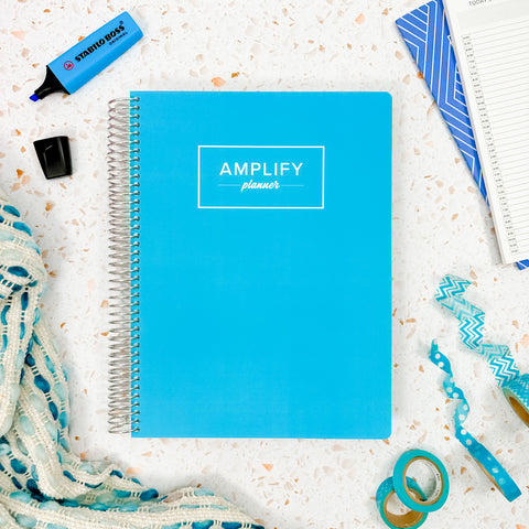blue skies weekly Amplify Planner july 2025-june 2026 Weekly Planner styled with accessories and decor