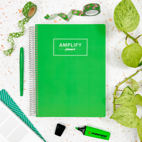 new leaf green weekly Amplify Planner july 2025-june 2026 Weekly Planner styled with accessories and decor