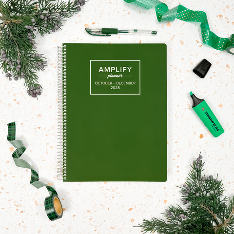 cozy pines daily Amplify Planner october-december 2025 daily Planner styled with accessories and decor