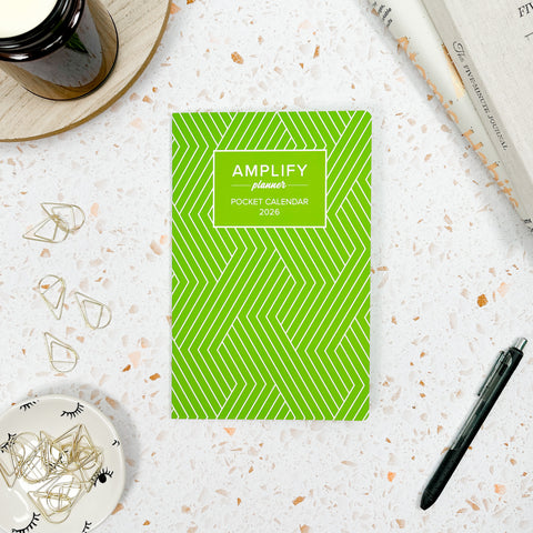 brighten up green 2026 amplify planner pocket calendar styled with accessories and decor