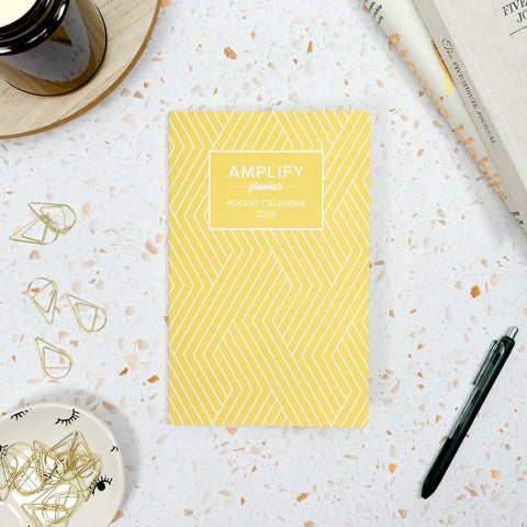 daylight yellow 2026 amplify planner pocket calendar styled with accessories and decor