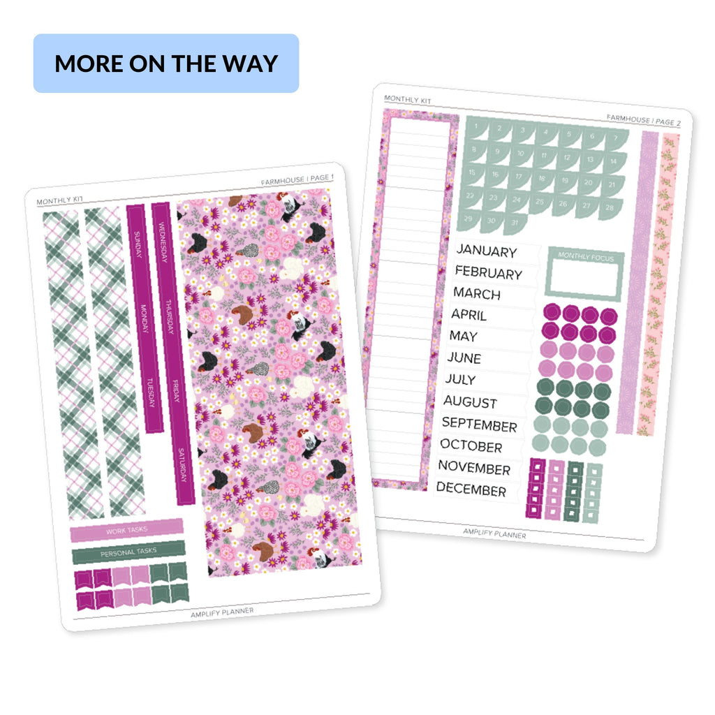 Farmhouse Monthly Sticker Kit featuring floral planner stickers, farmhouse animals, gingham patterns, and soft pink and sage green colors.