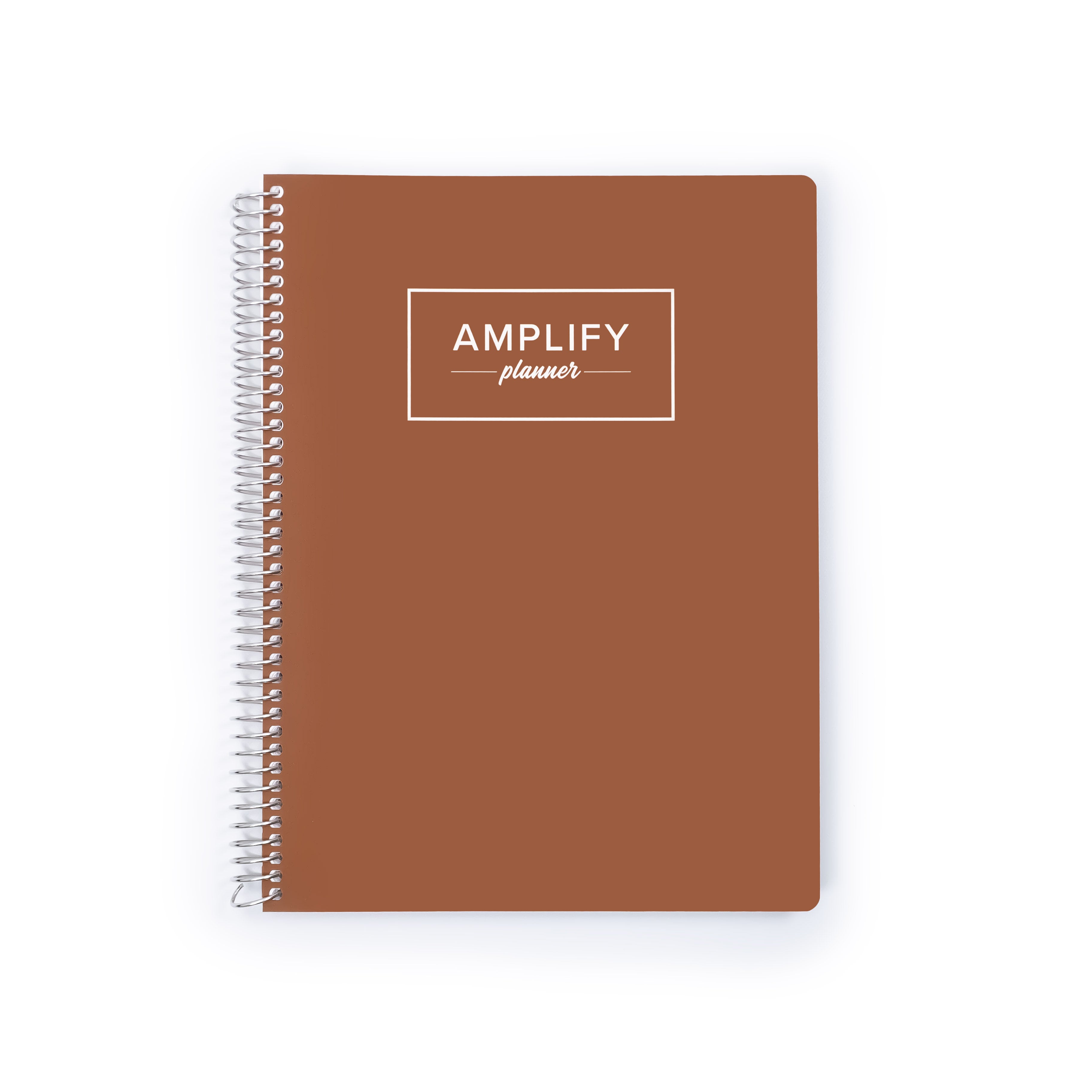 A brown spiral-bound planner with a white wire binding and a white rectangular logo on the front that reads 'AMPLIFY planner', shown on a plain white background.