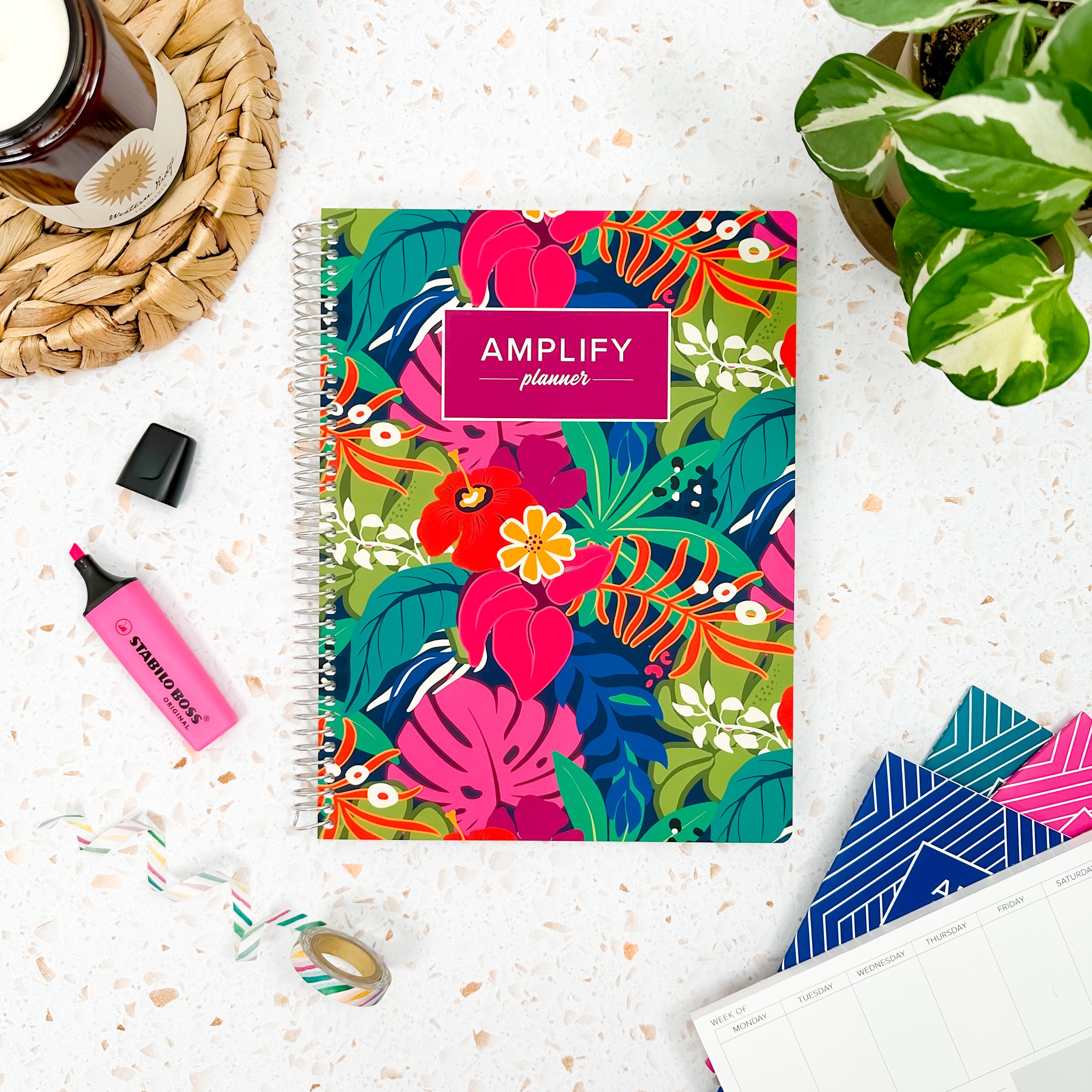 Boldly Tropical cover of undated daily Amplify Planner daily planner on a styled background with decorations