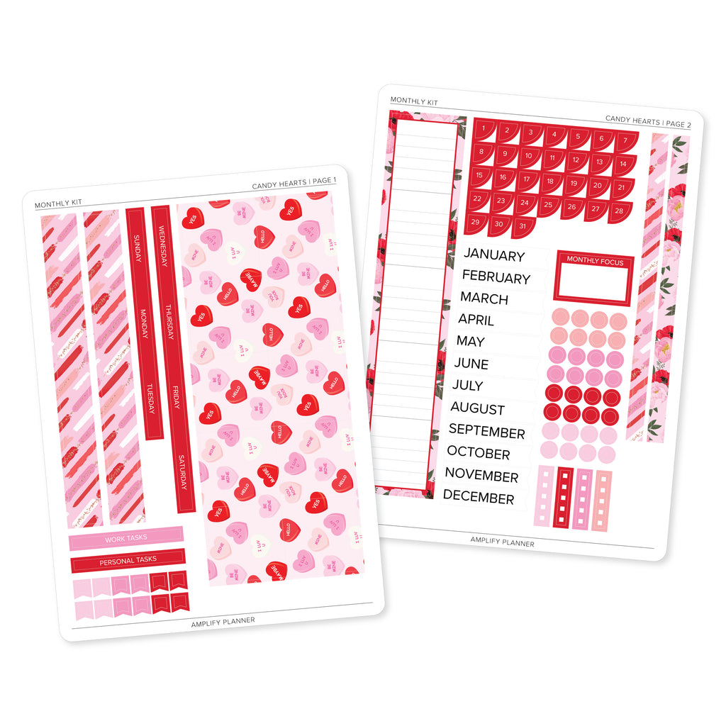 Candy Hearts - Amplify Planner Monthly Sticker Kit featuring vibrant pink and red stickers with heart designs, ideal for planning and decorating your planner spreads.