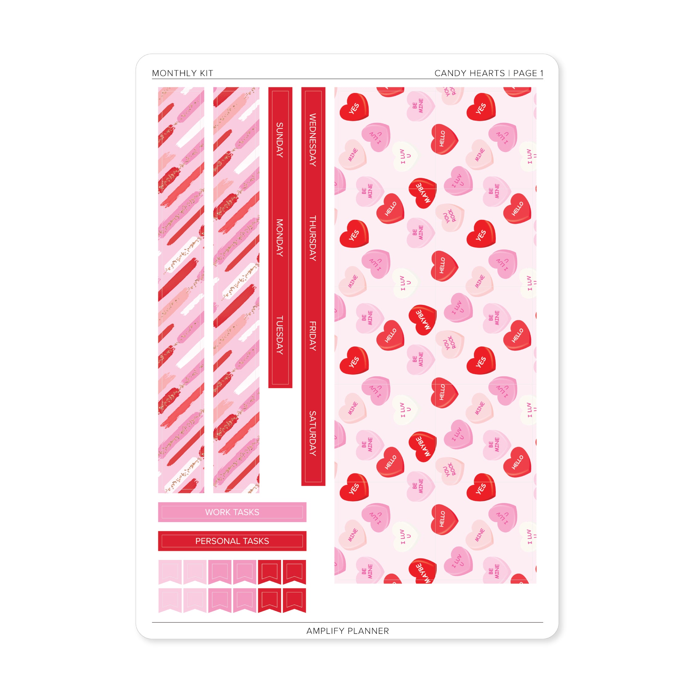 Candy Hearts - Amplify Planner Monthly Sticker Kit, page 1 showcasing playful heart-themed stickers in shades of pink and red for effective organization.