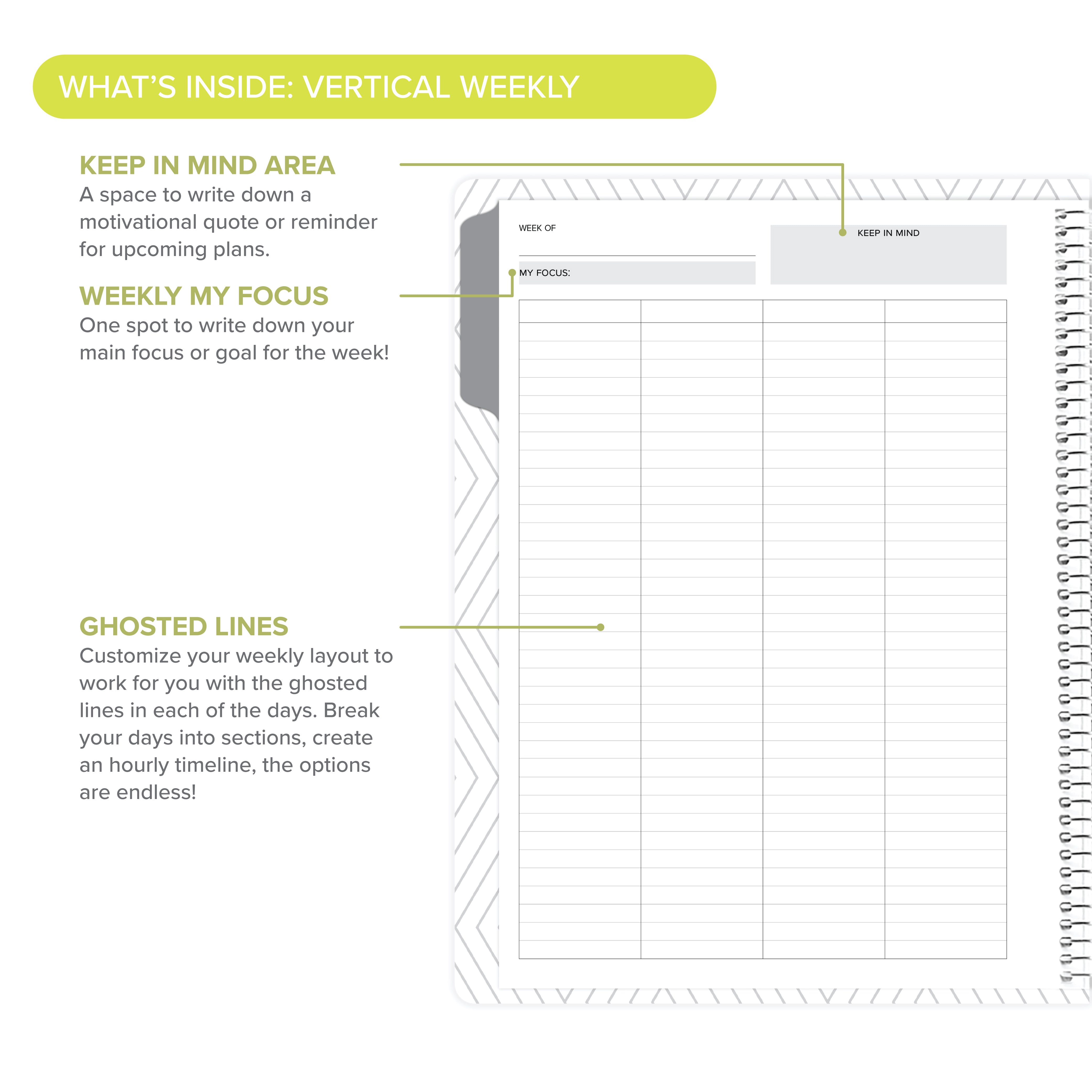 Left side of vertical weekly layout with text callouts in undated daily Amplify Planner for detailed planning