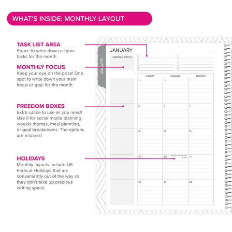 Left side of monthly layout with text callouts explaining sections in the weekly Amplify Planner.