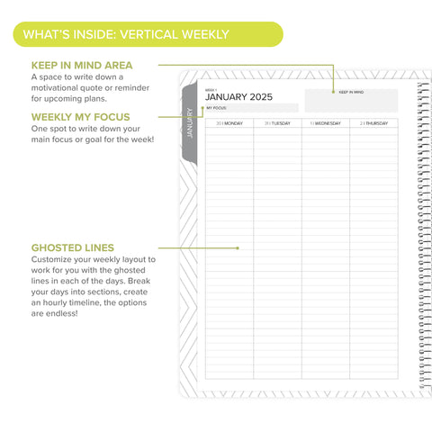 Left side of vertical weekly layout with text callouts in weekly Amplify Planner for detailed planning