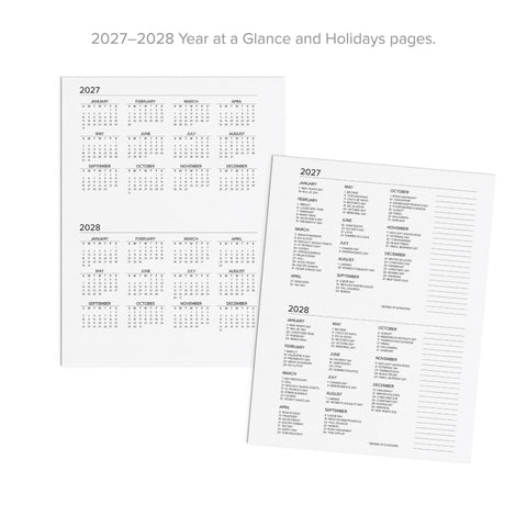 Two printed planner inserts for 2027 and 2028 shown on a white background, with text above reading '2027–2028 Year at a Glance and Holidays pages.'.