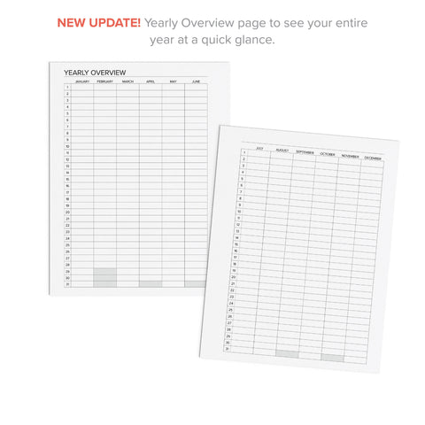 Two printable yearly overview planner pages shown on a white background with headline text at the top reading 'NEW UPDATE! Yearly Overview page to see your entire year at a quick glance.'.