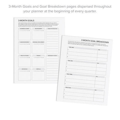 Two printable planner pages shown on a white background: a '3-Month Goals' page on the left and a '3-Month Goal Breakdown' page on the right, with a short descriptive text at the top about quarterly goal planning.