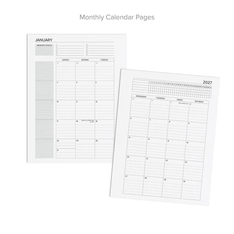 Two printed monthly calendar page sheets shown on a light gray background, with the text 'Monthly Calendar Pages' above. One page shows January with weekly and monthly grids, and the other shows a 2027 weekly calendar page.