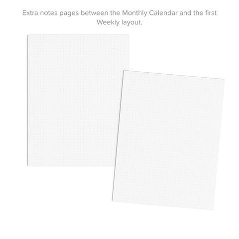 Two white lined notepad sheets with a subtle grid pattern, shown on a plain white background with small gray text above reading 'Extra notes pages between the Monthly Calendar and the first Weekly layout.'.