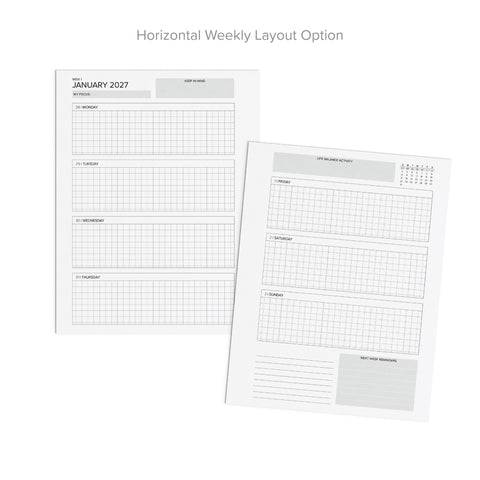Two printable weekly planner layout sheets shown on a white background, with the text 'Horizontal Weekly Layout Option' above. One sheet shows a January 2027 weekly grid layout and the other shows a life balance activity weekly grid layout.