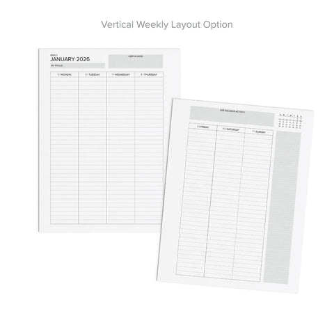 Two printable weekly planner pages shown on a white background, with one page labeled 'Vertical Weekly Layout Option.' The pages contain lined daily columns, a date header, and a small calendar grid in the upper right.