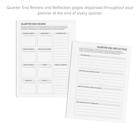 Two printed reflection pages from a quarterly planner shown on a white background, with descriptive text above reading 'Quarter End Review and Reflection pages dispersed throughout your planner at the end of every quarter.'.
