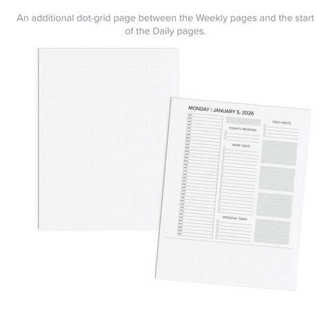 A white dot-grid planner insert page and the front cover of a weekly planner page are shown on a light gray background, with small text above reading 'An additional dot-grid page between the Weekly pages and the start of the Daily pages.'.
