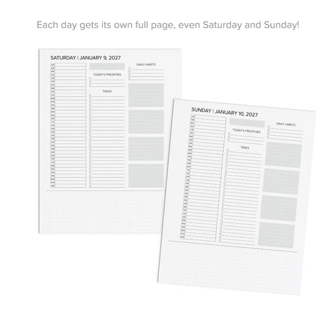 Two spiral-bound daily planner inserts shown on a white background, one labeled Saturday January 9, 2027 and the other Sunday January 10, 2027, with explanatory text above about full pages for each day.
