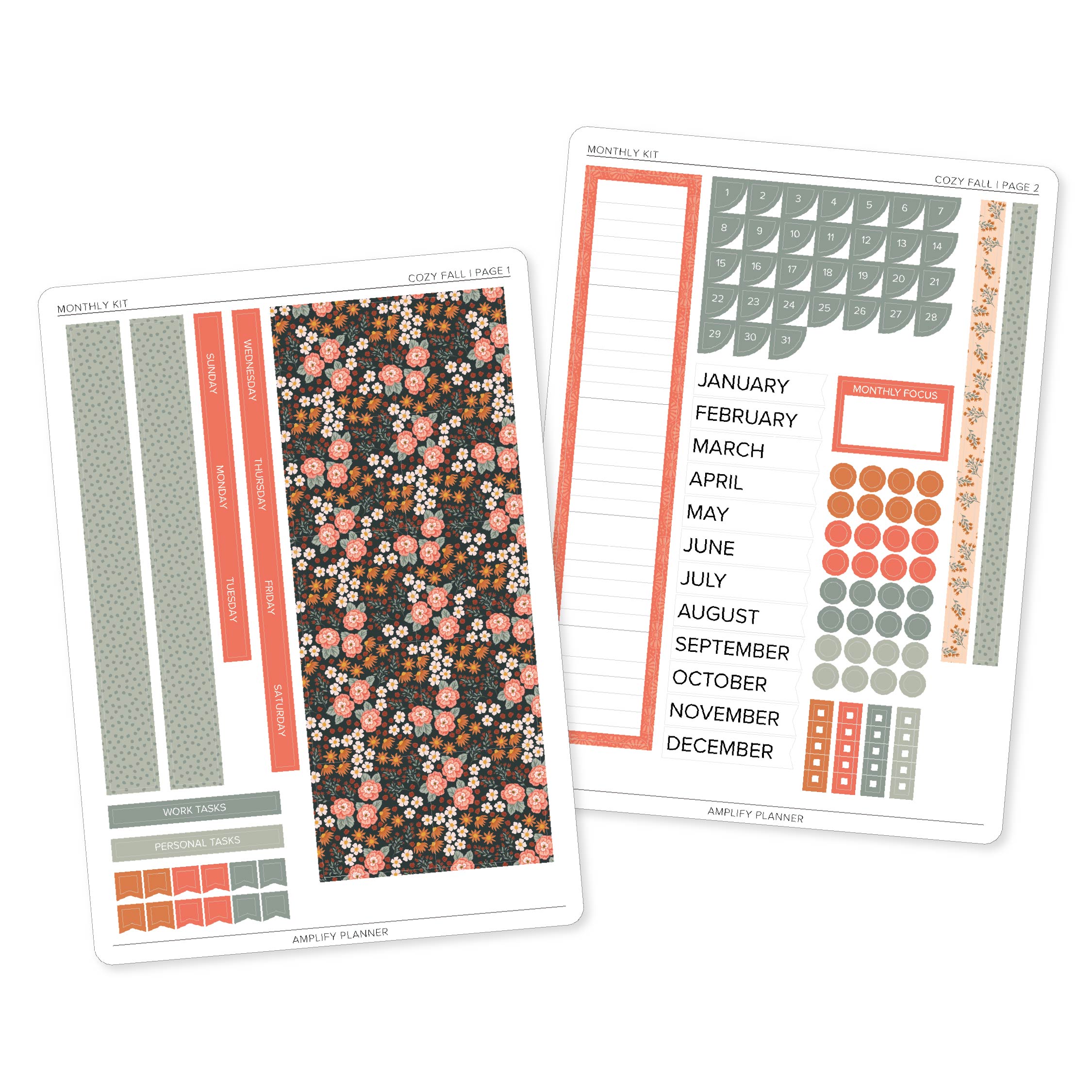 Cozy Fall Monthly Sticker Kit featuring autumn floral planner stickers with sage green, peach, and warm neutral colors.