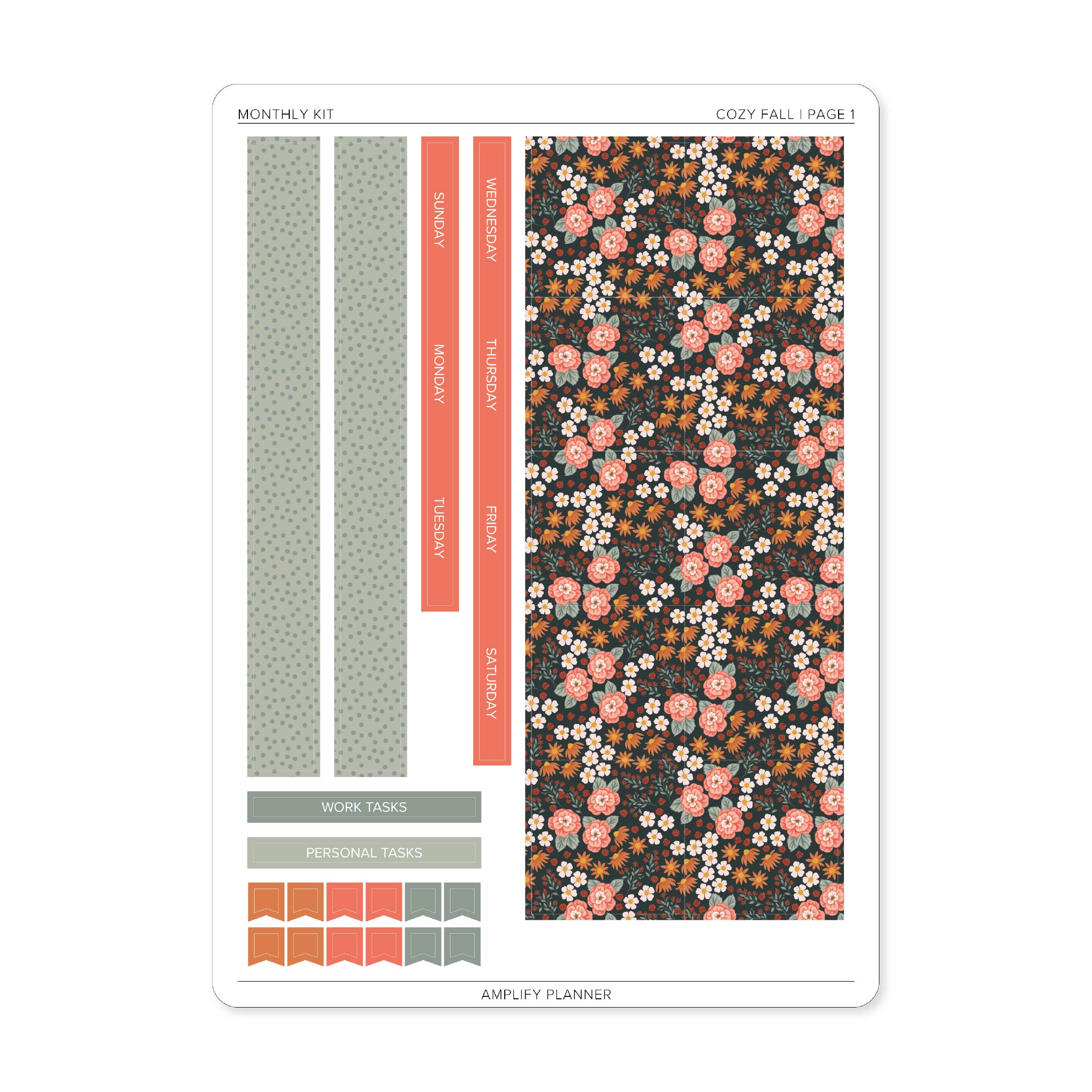 Cozy Fall Monthly Sticker Kit page 1 featuring floral monthly box covers, sage green patterned strips, weekday headers, and functional planner stickers.