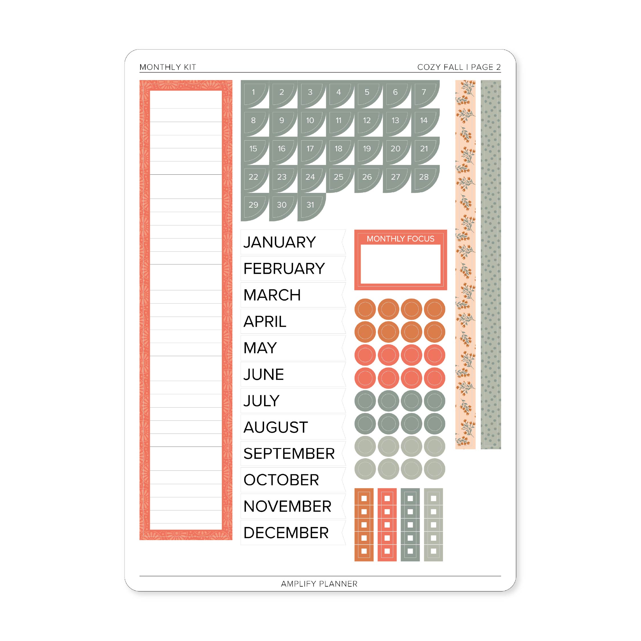 Cozy Fall Monthly Sticker Kit page 2 featuring monthly date covers, decorative circles, checklist stickers, floral washi strips, and monthly labels.