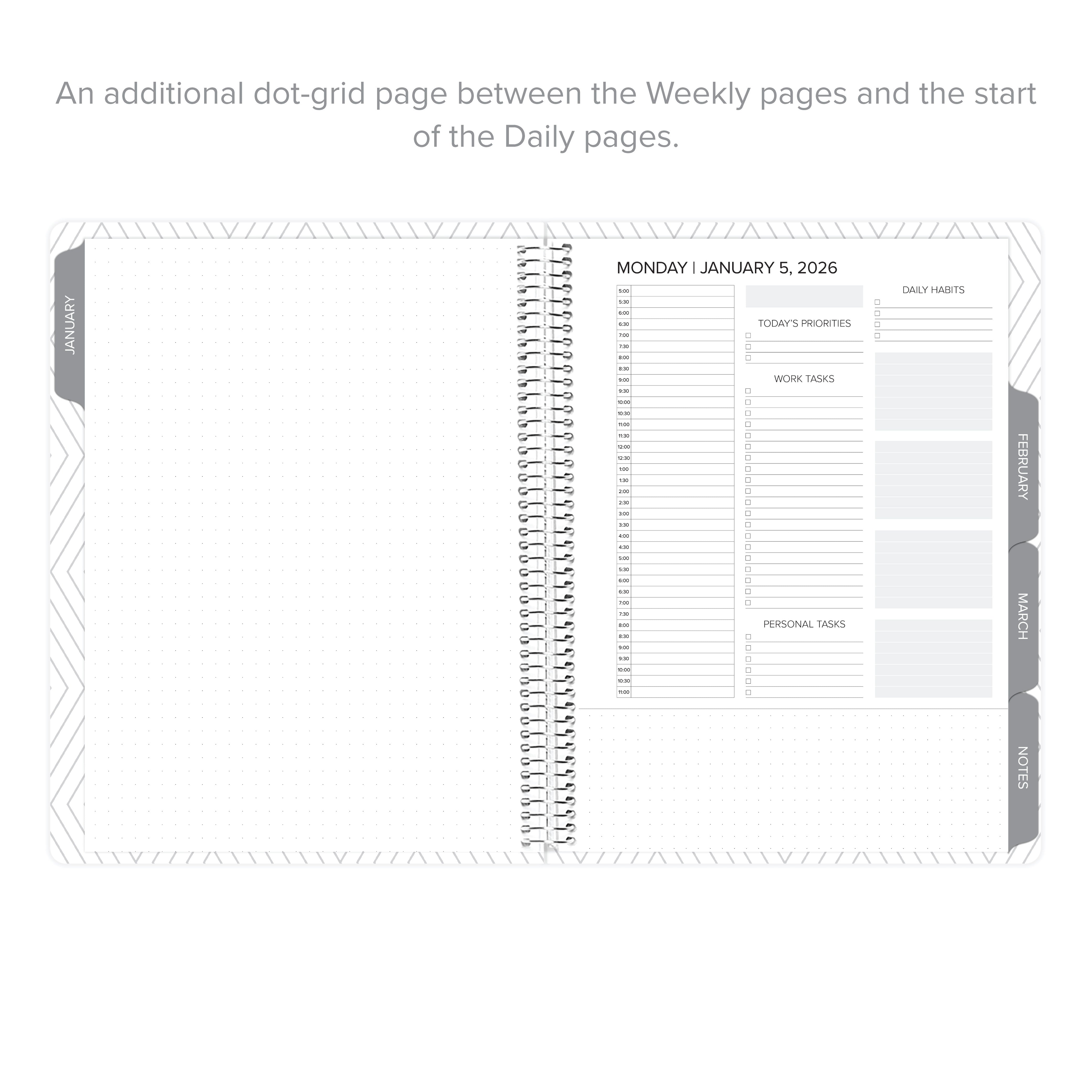 Dot-grid page between weekly and daily sections in the Daily Planner - January-March 2026, allowing for additional notes.