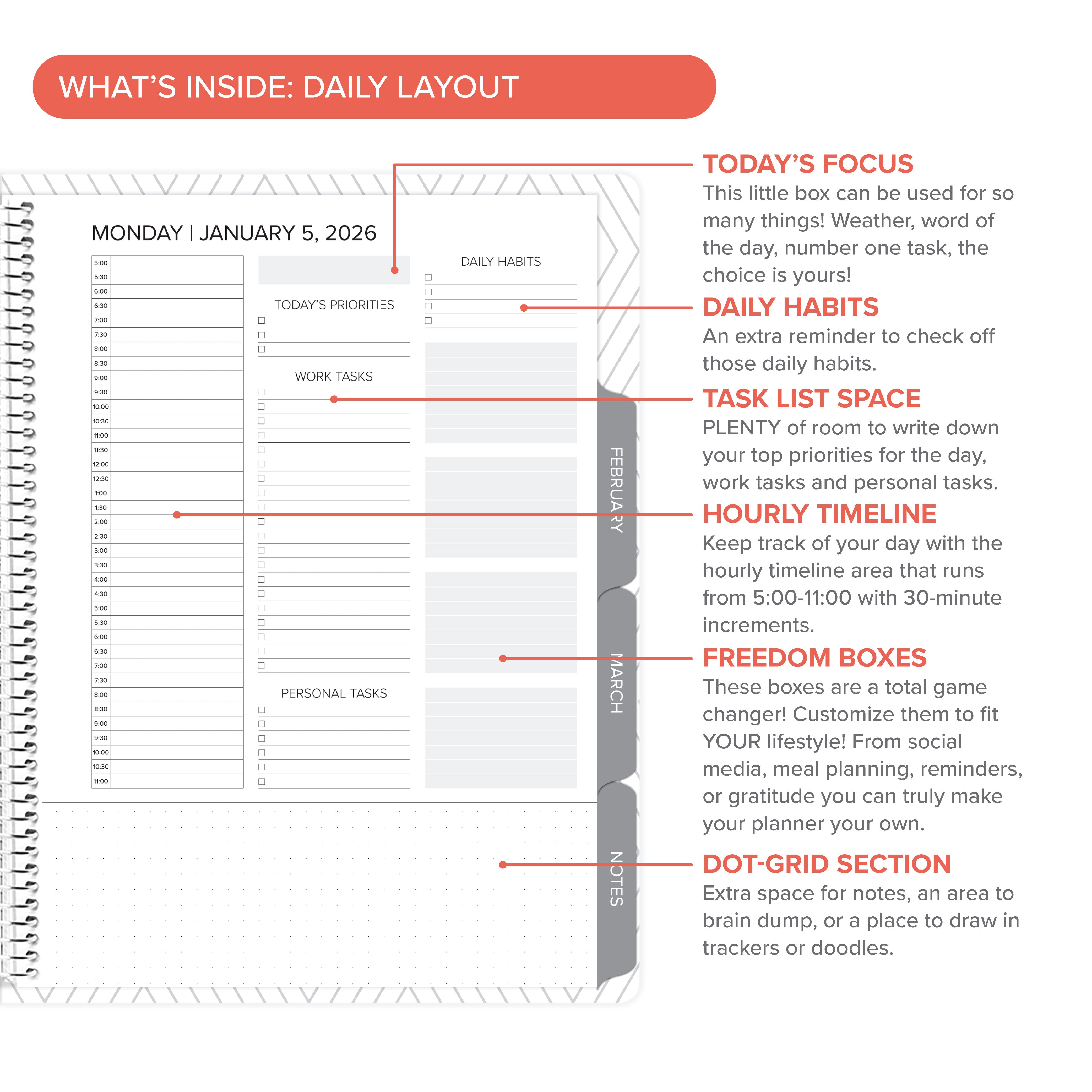 Features of the Daily layout in the Daily Planner - January-March 2026, highlighting daily focus, task lists, and time management.