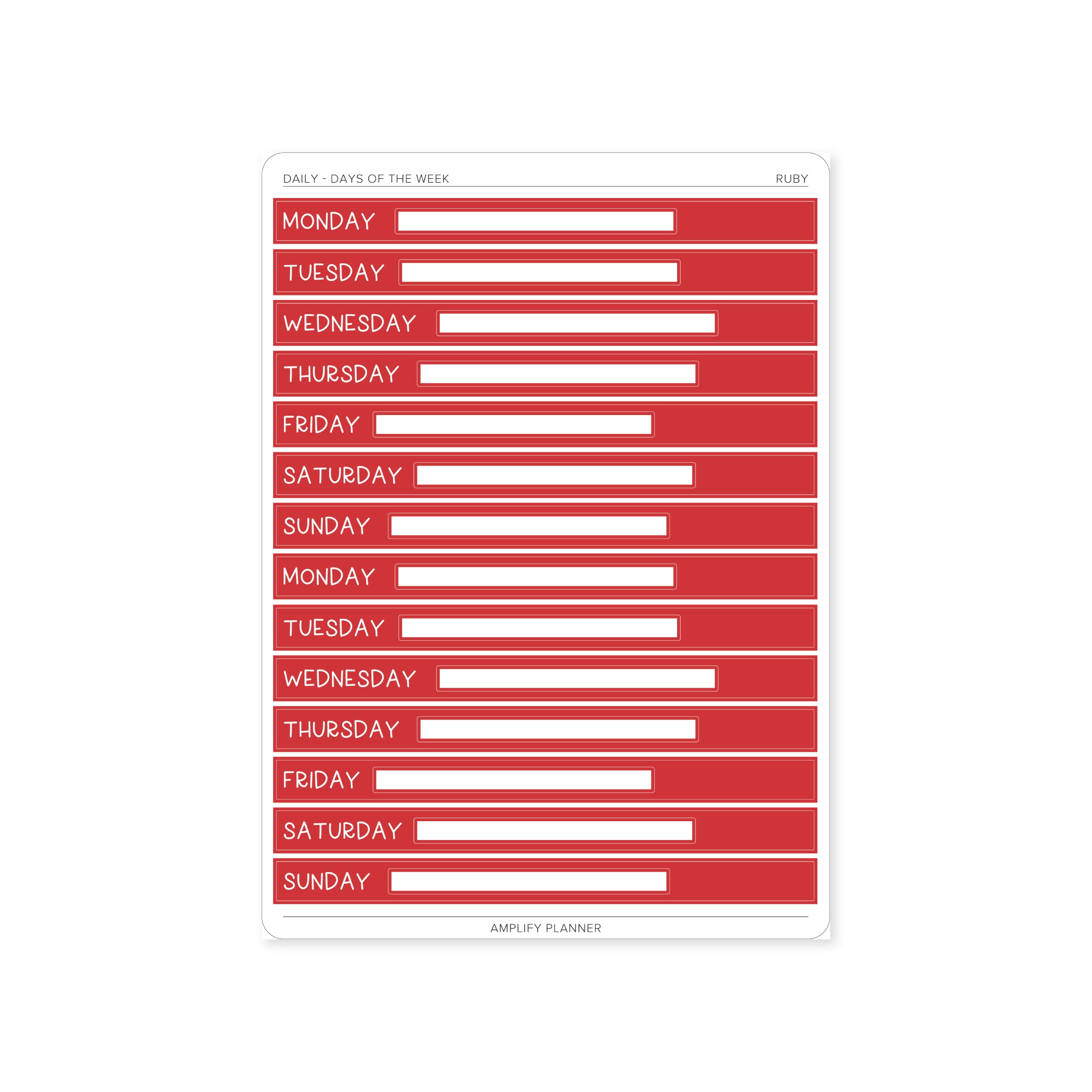 Red Days of The Week Stickers - Daily Layout featuring a handwritten-style font for planner organization.