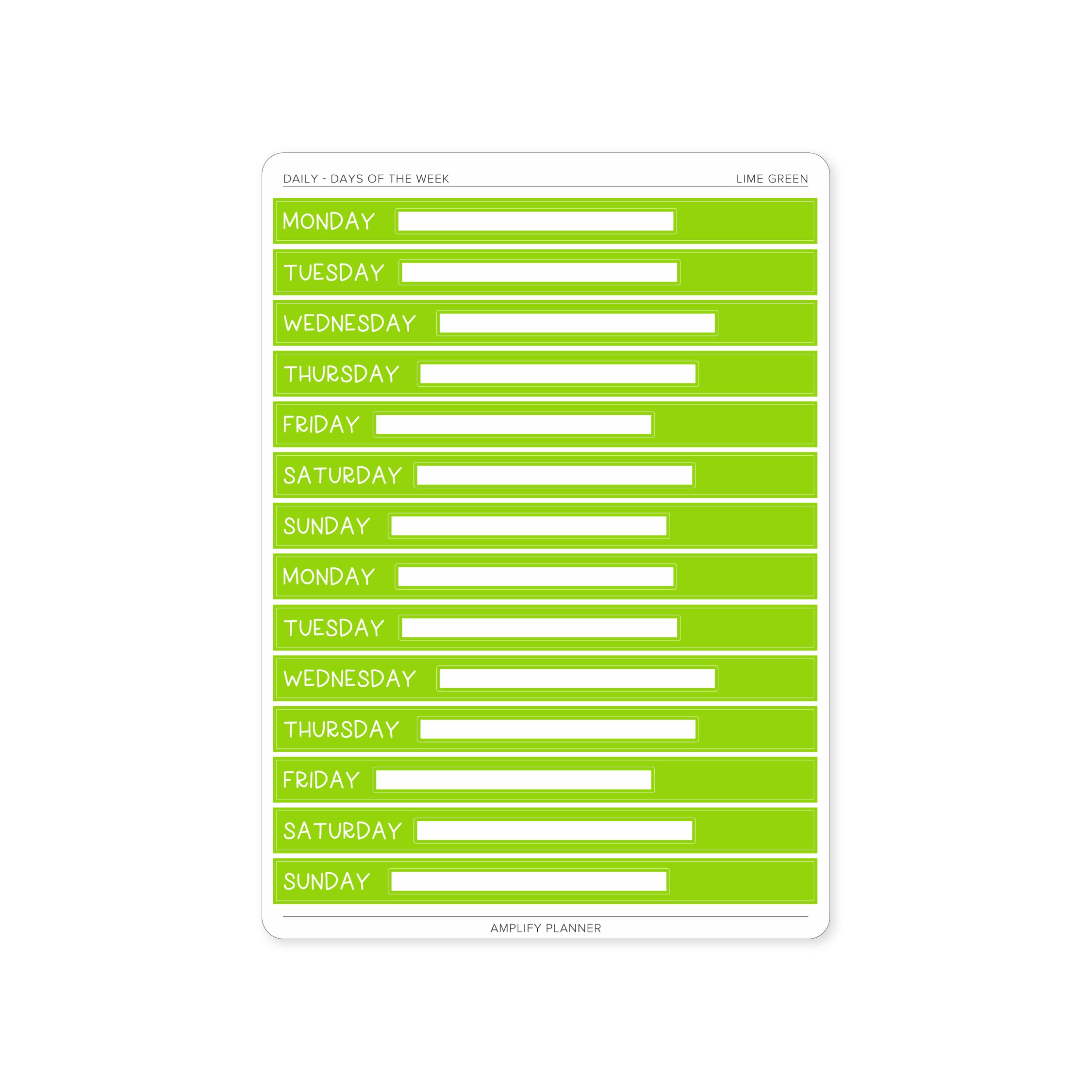 Lime Green Days of The Week Stickers - Daily Layout perfect for color-coding your week.