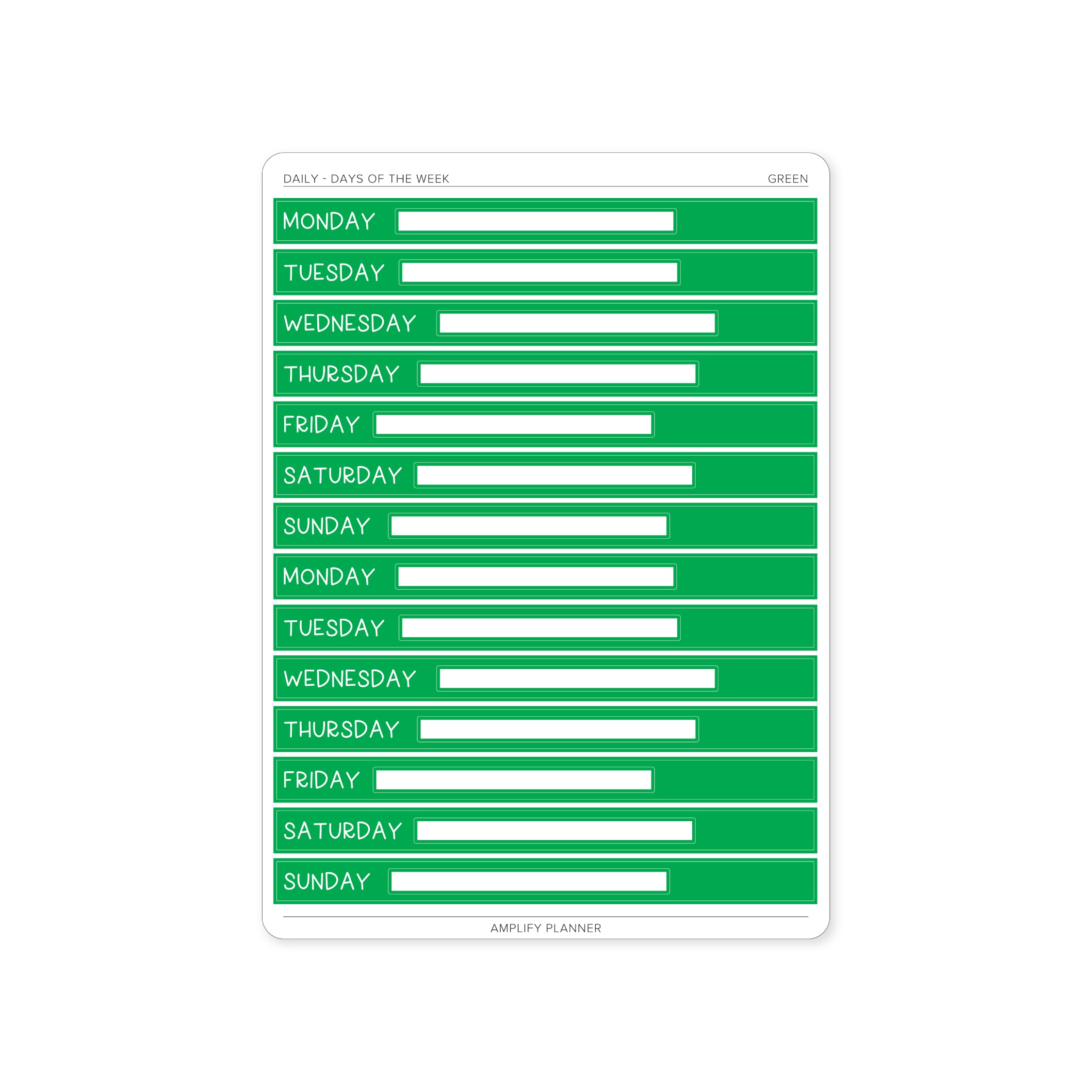 Green Days of The Week Stickers - Daily Layout featuring unique cut-outs for seamless planning.