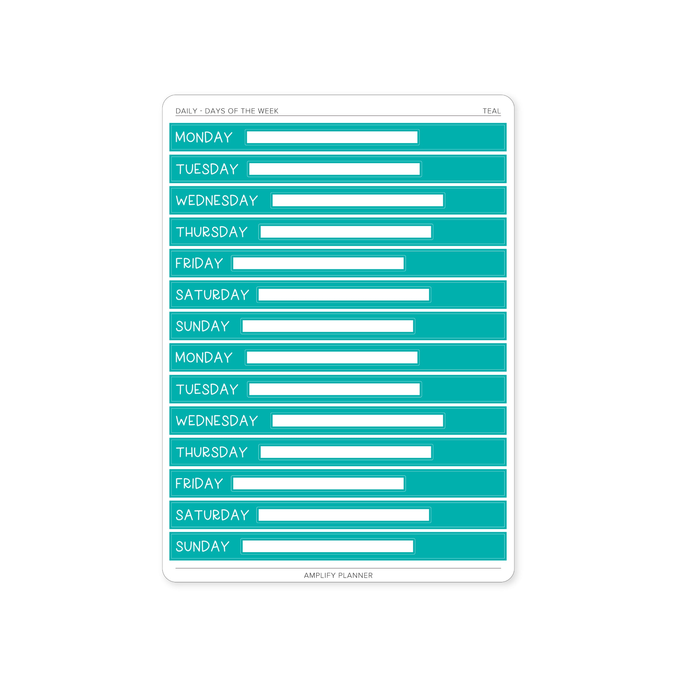 Teal Days of The Week Stickers - Daily Layout designed for personalized planner aesthetics.