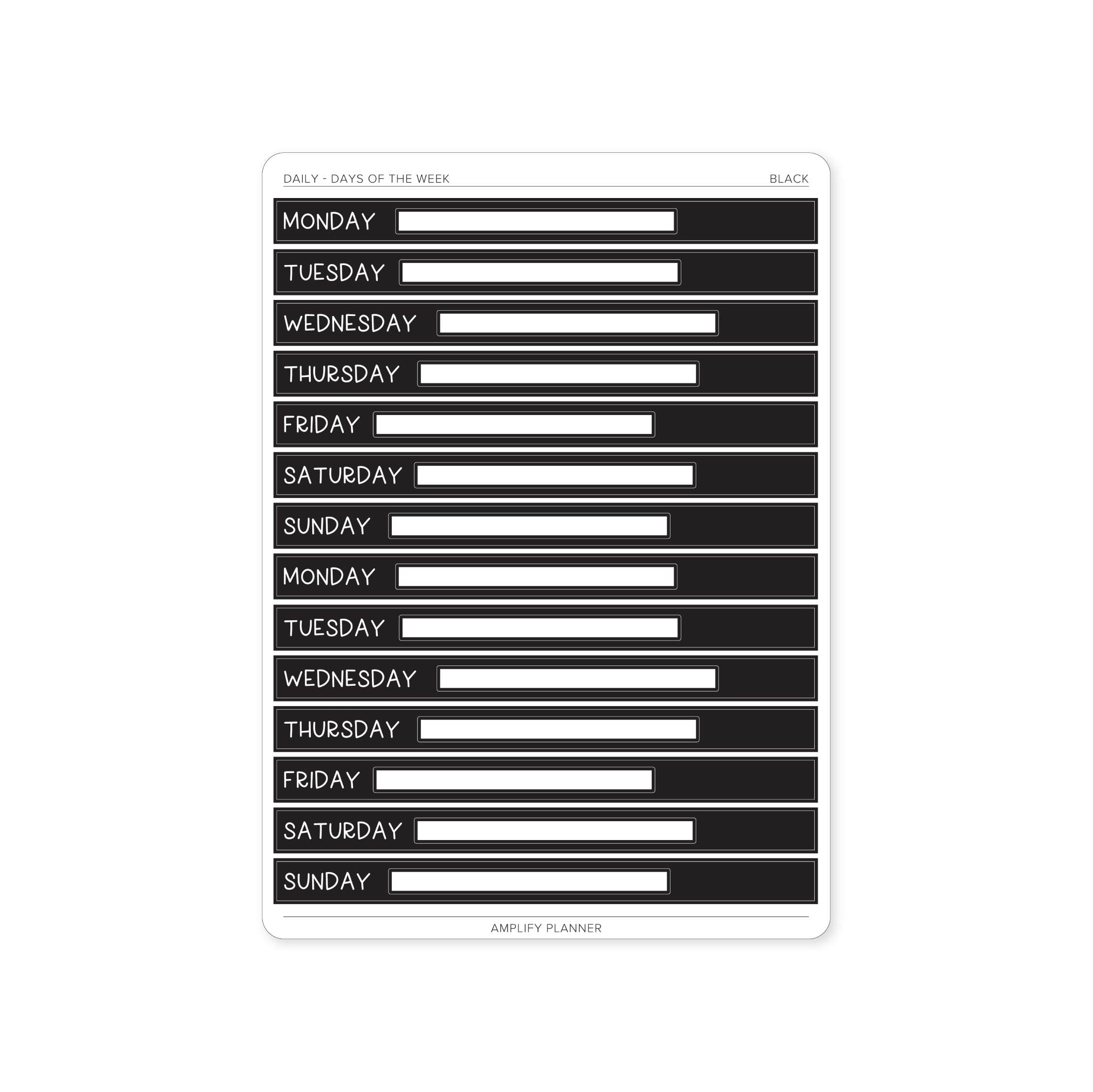 Black Days of The Week Stickers - Daily Layout for a timeless and versatile planner solution.
