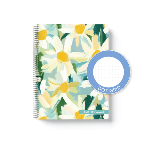 Daisy Days Amplify Planner Spiral Notebook on a white background with an emblem designating Dot-Grid Paper. 