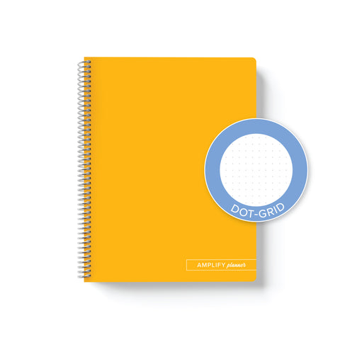 Daisy Days Amplify Planner Spiral Notebook on a white background with an emblem designating Dot-Grid Paper. 