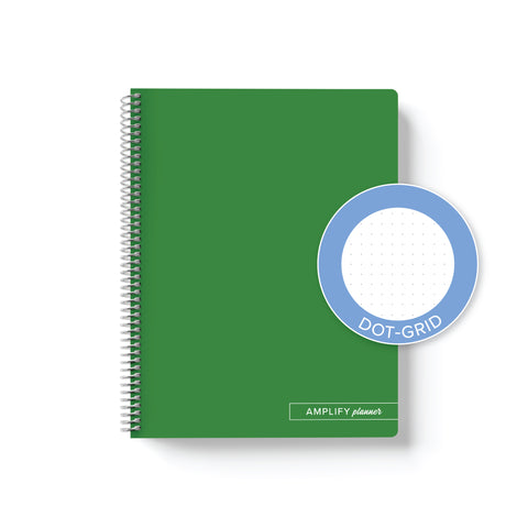 Keep Going Green Amplify Planner Spiral Notebook on a white background with an emblem designating Dot-Grid Paper. 