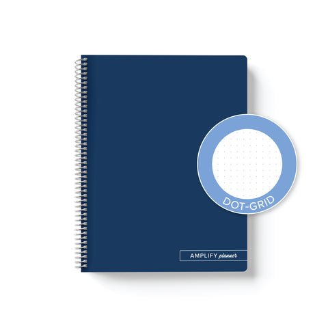 Midnight Pages Amplify Planner Spiral Notebook on a white background with an emblem designating Dot-Grid Paper. 