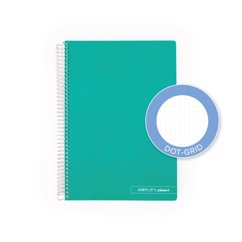 Nostalgic Teal Spiral Notebook by Amplify Planner, showcasing a dot-grid option for versatile note-taking and creative planning.