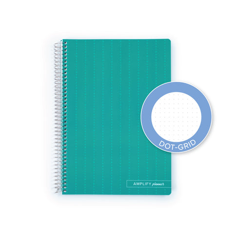 A teal spiral-bound planner shown on a white background, with a circular inset labeled 'DOT-GRID' indicating the dot-grid page style inside.