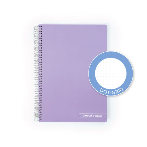 Ube Latte Spiral Notebook featuring a dot-grid layout, designed by Amplify Planner for versatile planning and creativity.