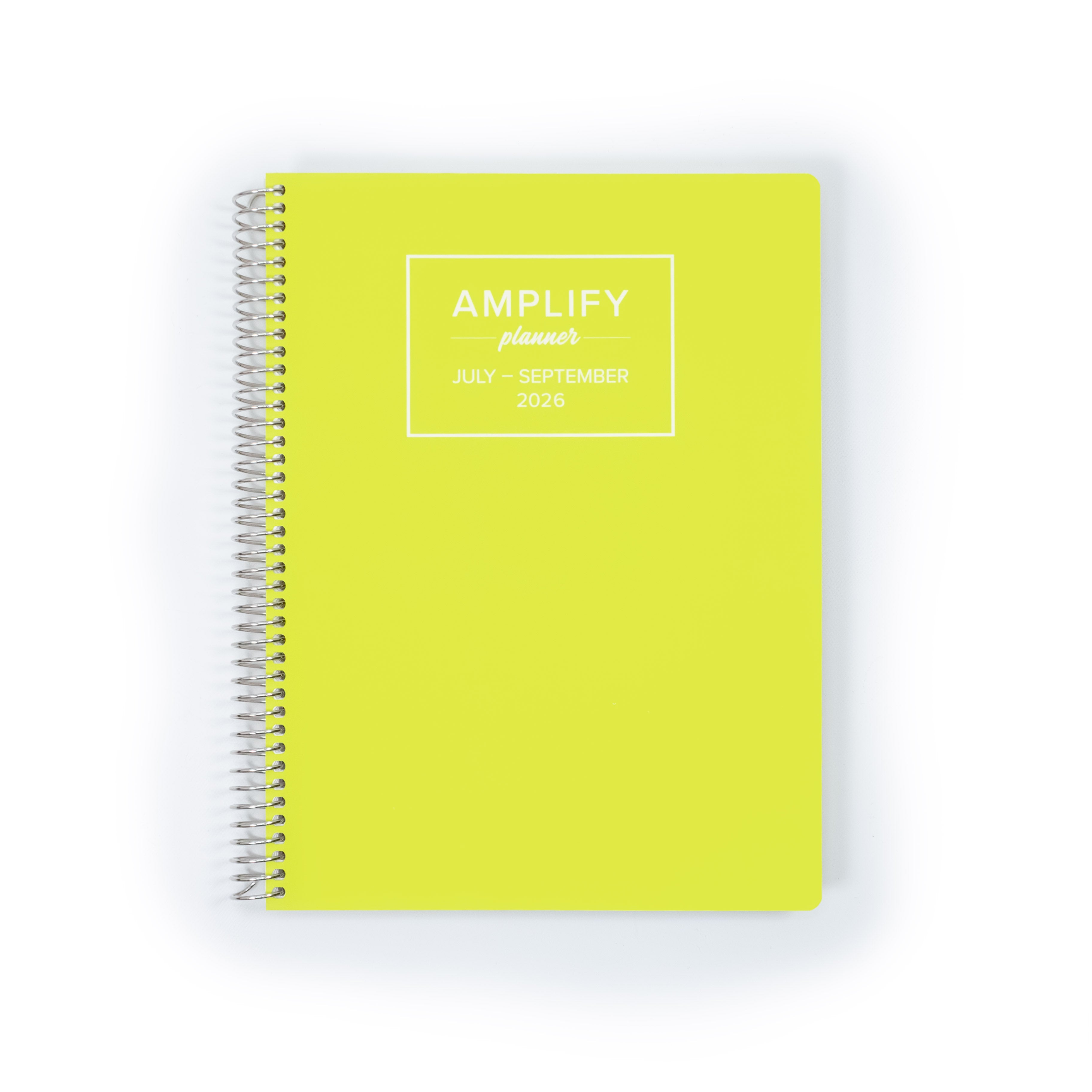Daily Planner - July-September 2026 - Electric Yuzu by Amplify Planner, featuring a vibrant chartreuse cover with a metal spiral binding.