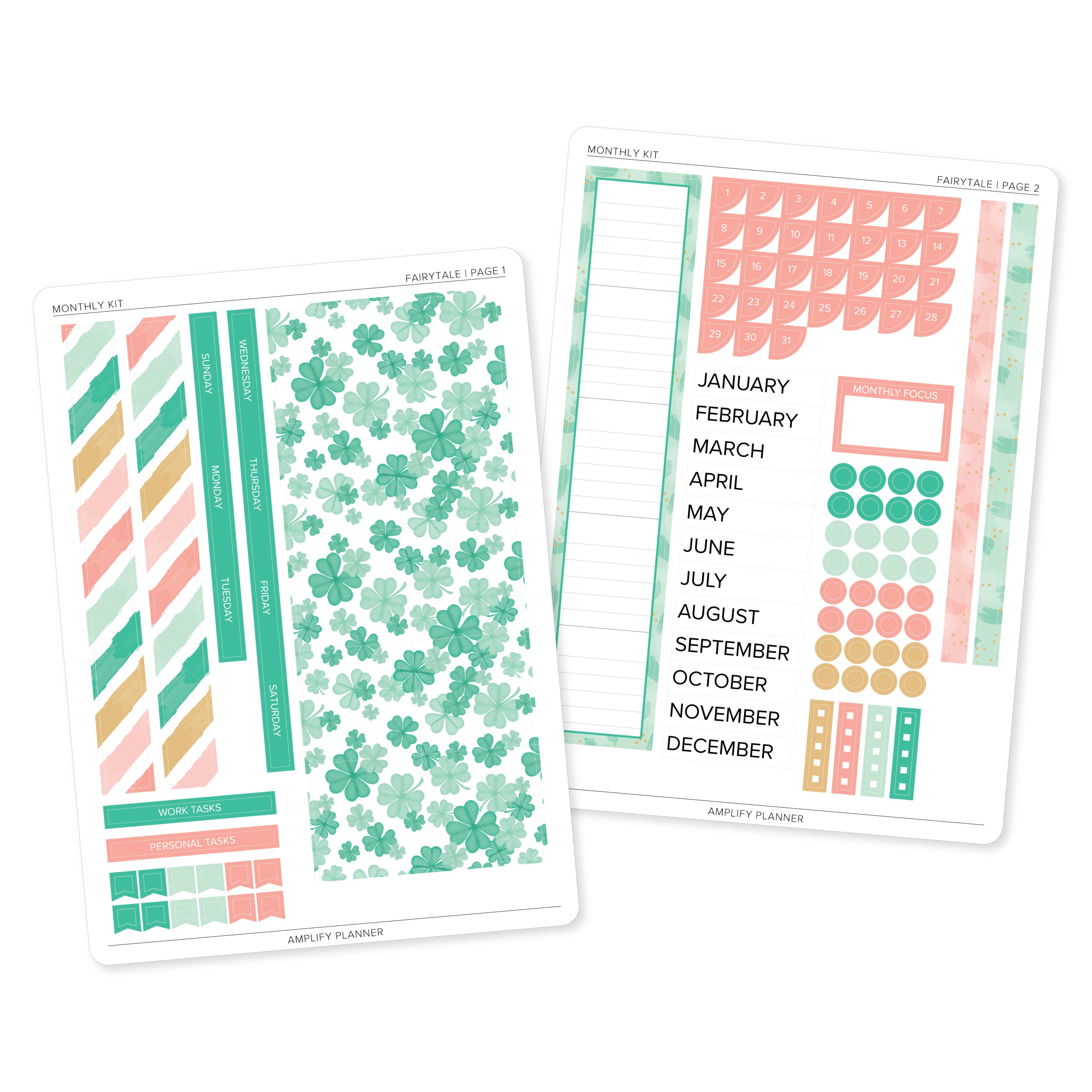 Fairytale - Amplify Planner Monthly Sticker Kit featuring soft green clovers, blush pinks, and warm tan colors on two sheets, ideal for decorating planners.