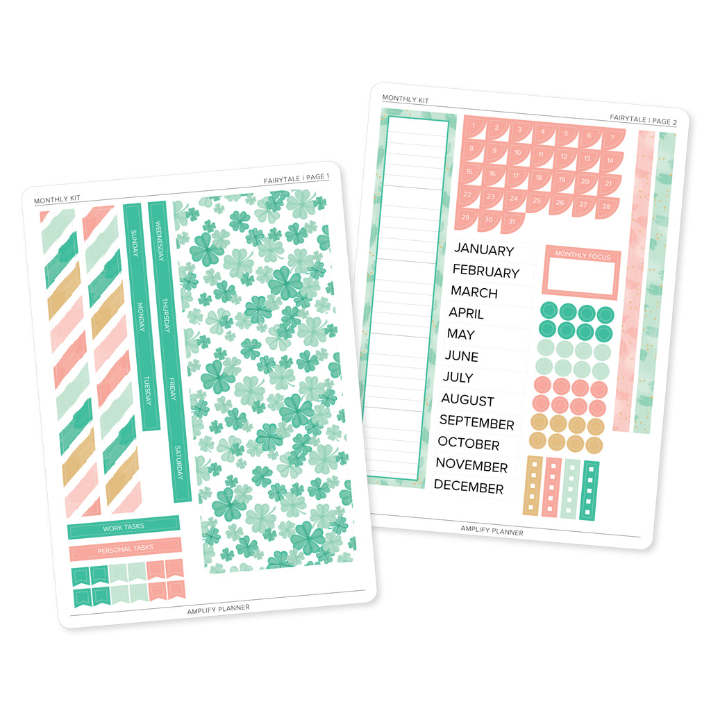 Fairytale - Amplify Planner Monthly Sticker Kit featuring soft green clovers, blush pinks, and warm tan colors on two sheets, ideal for decorating planners.