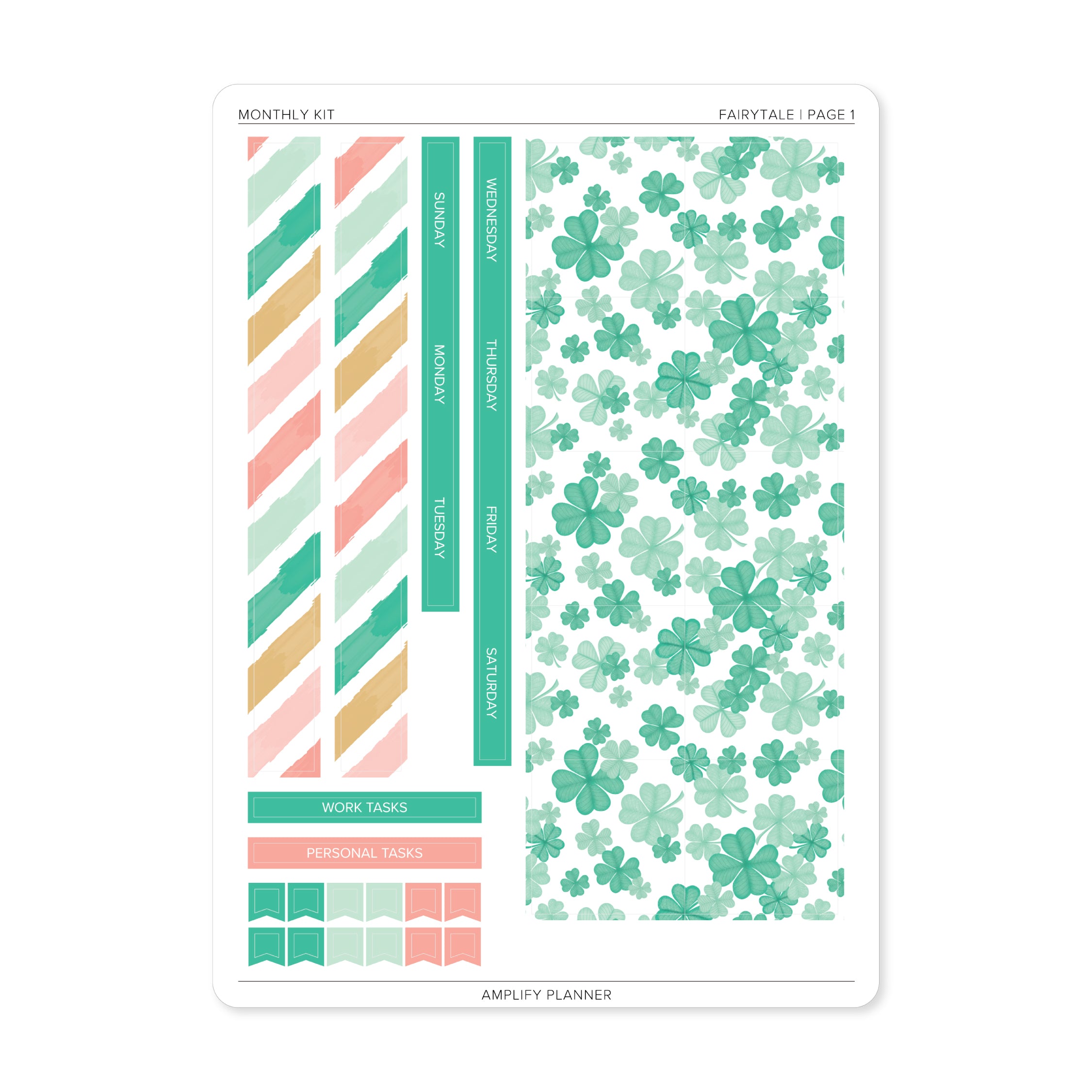 Fairytale - Amplify Planner Monthly Sticker Kit Page 1 showcasing work tasks, personal tasks, and decorative stickers with floral designs in greens and pinks.
