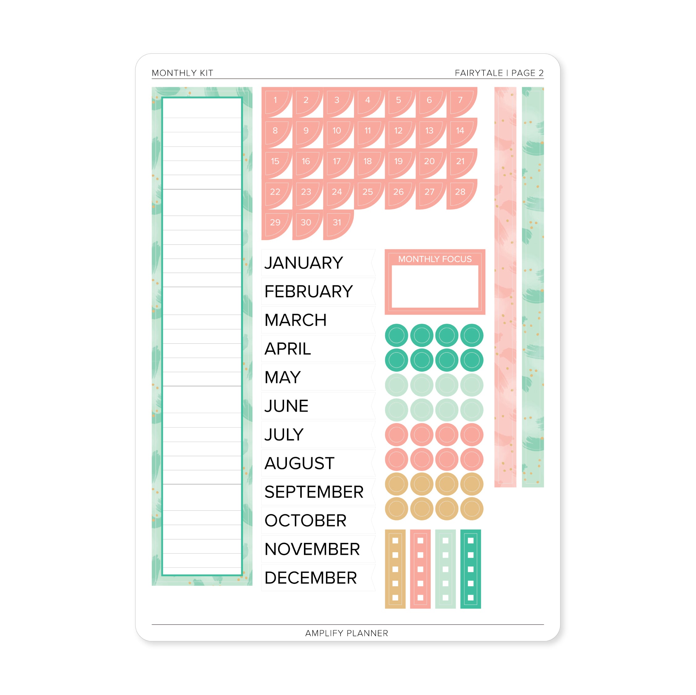 Fairytale - Amplify Planner Monthly Sticker Kit Page 2 displaying monthly focus stickers, date covers, and banners for organizing and beautifying planner layouts.