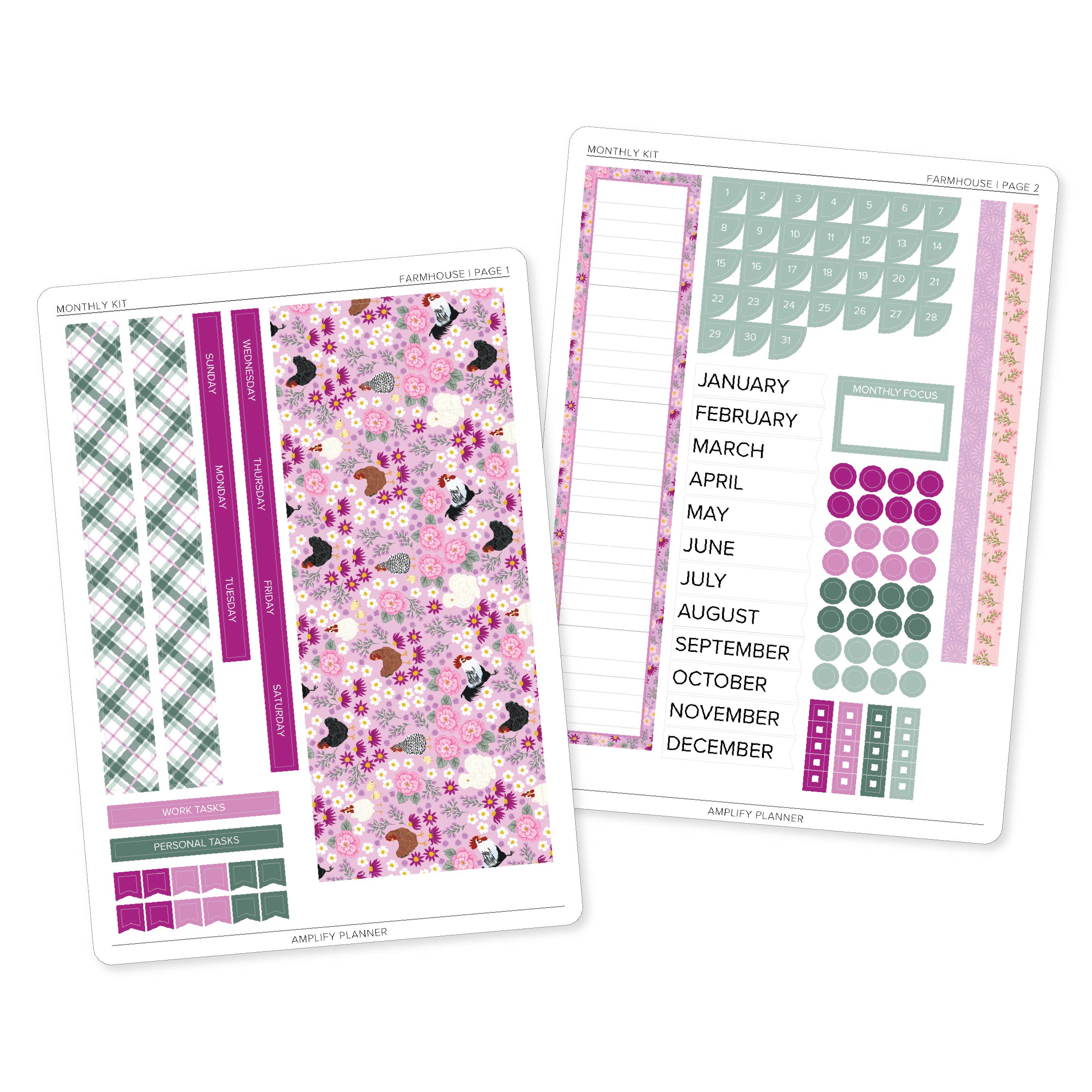 Farmhouse Monthly Sticker Kit featuring floral planner stickers, farmhouse animals, gingham patterns, and soft pink and sage green colors.