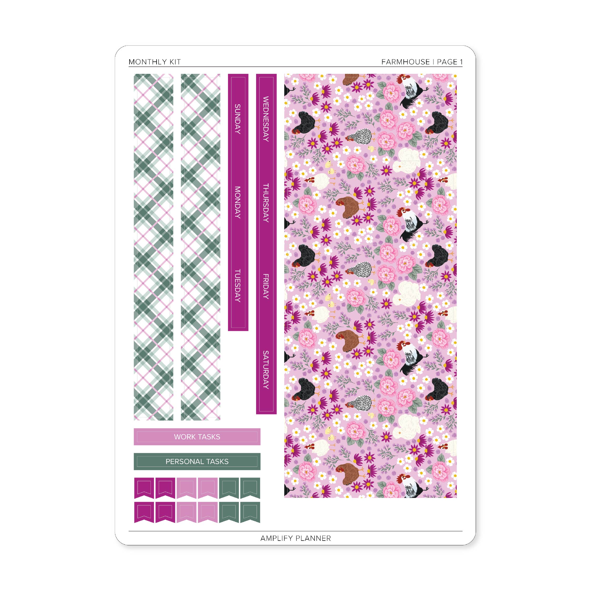 Farmhouse Monthly Sticker Kit page 1 featuring decorative floral monthly box covers, gingham strips, weekday headers, and functional planner stickers.