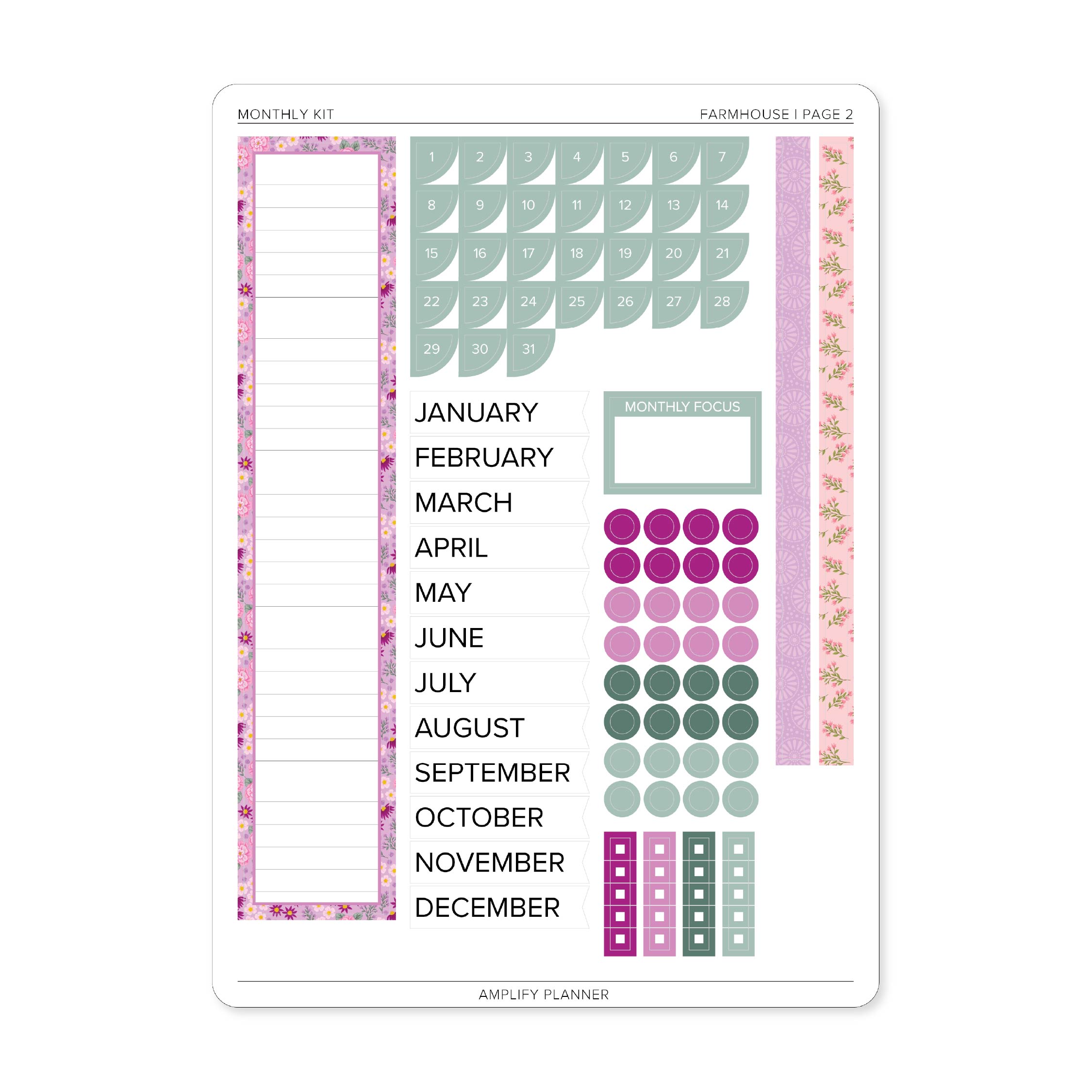 Farmhouse Monthly Sticker Kit page 2 featuring monthly date covers, decorative circles, checklist stickers, floral washi strips, and monthly labels.