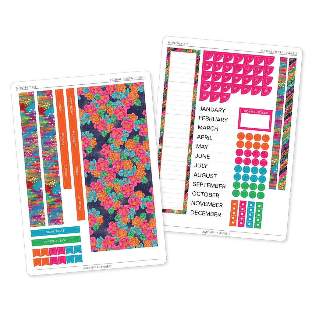 Floral Fiesta Monthly Sticker Kit featuring colorful floral planner stickers, bright pink and orange accents, and functional monthly planning stickers.