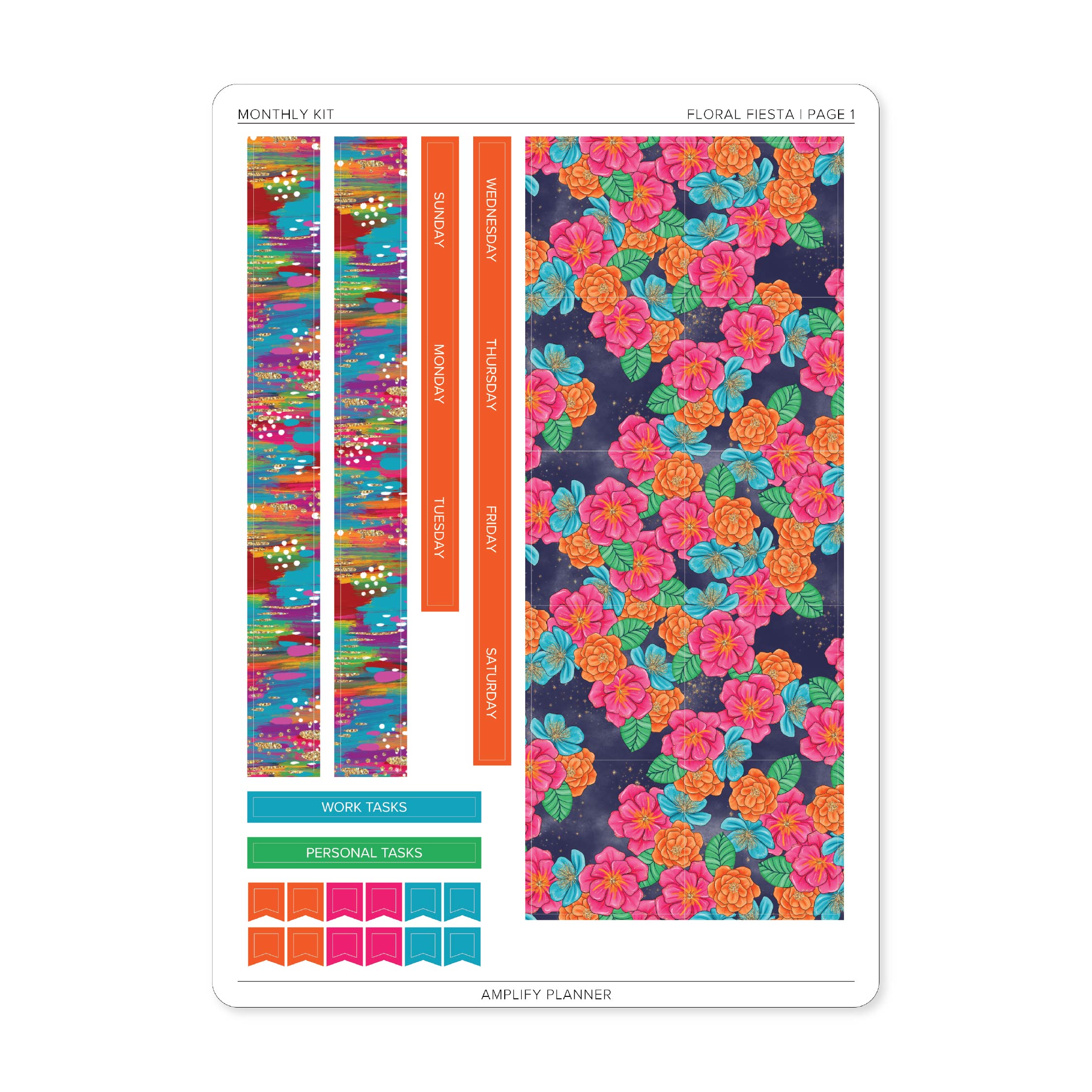 Floral Fiesta Monthly Sticker Kit page 1 featuring floral monthly box covers, colorful patterned strips, task labels, and weekday headers.